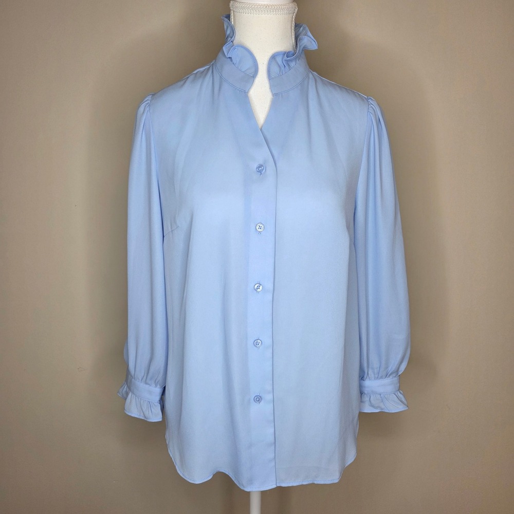 Ann Taylor Petite Blue Ruffle Collar Button Front Blouse MP NEW‎
